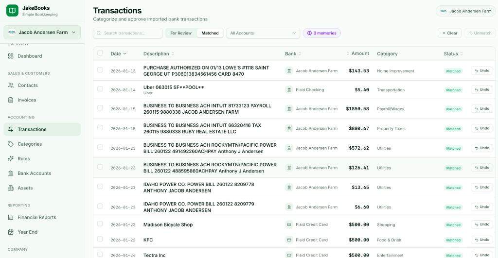 JakeBooks Transactions page — categorize and approve bank feed transactions